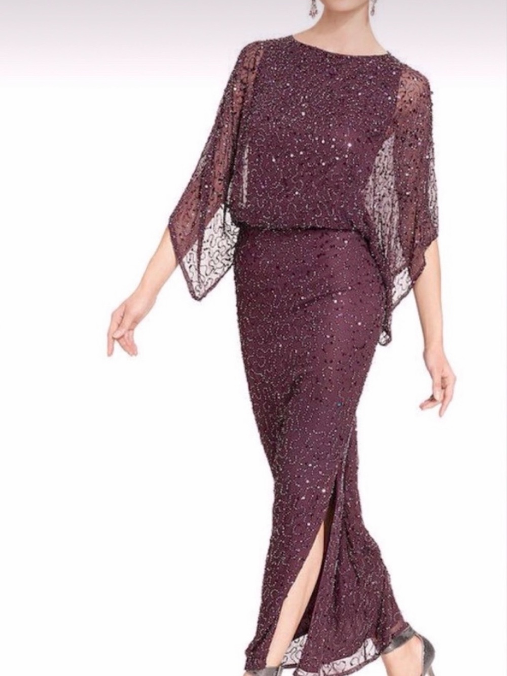 Patra Beaded Plum Evening Maxi Dress with Sheer Cape Sleeves